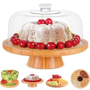 Bamboo Cake Stand with Glass Dome